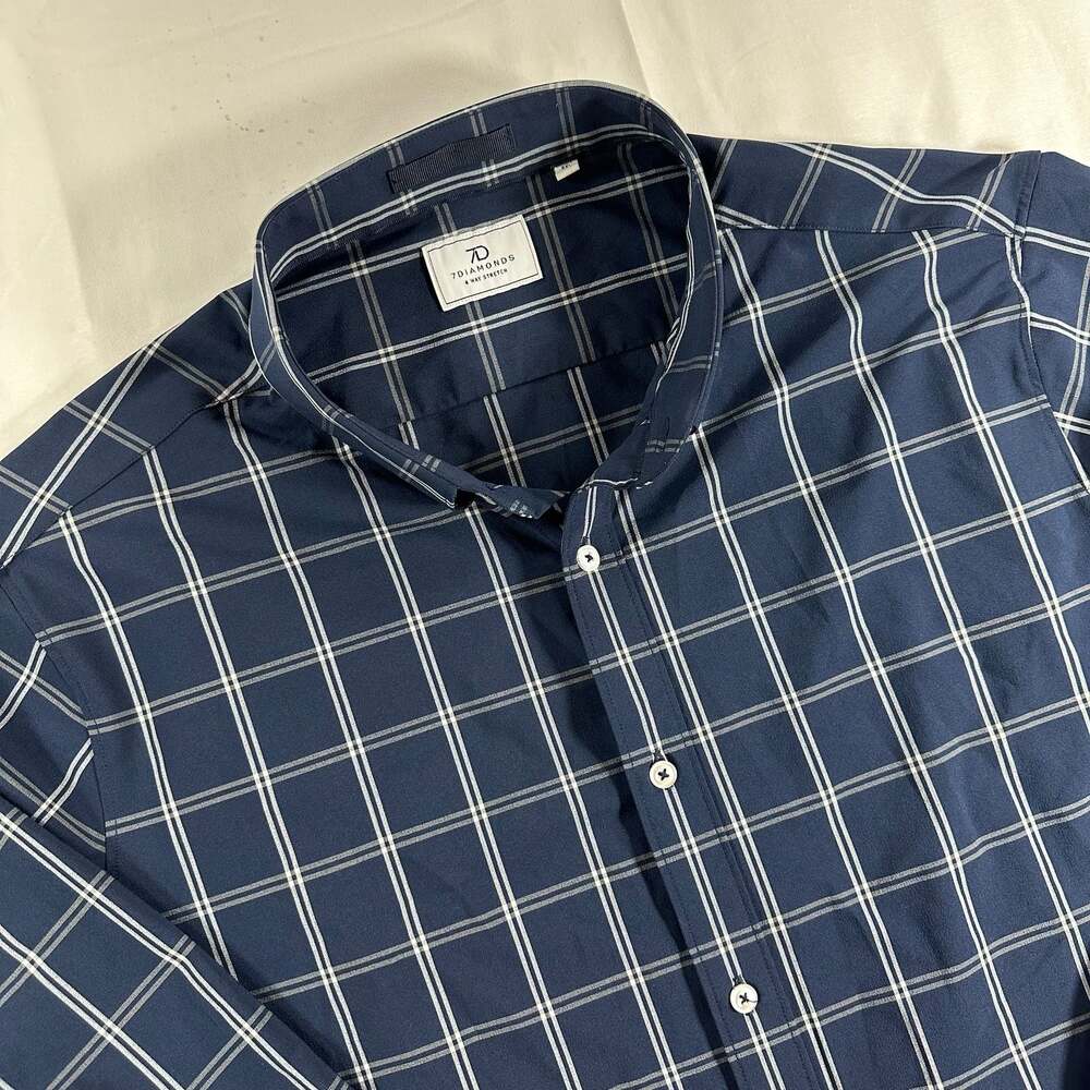 7Diamonds Wyeth 4-Way Stretch Navy Blue Plaid Woven Shirt XXL Performance